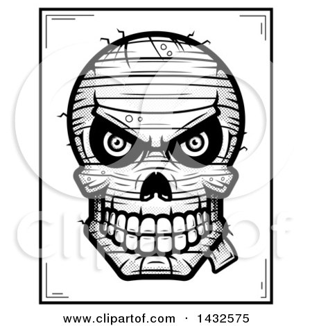 Clipart of a Halftone Black and White Evil Mummy Skull Poster Design - Royalty Free Vector Illustration by Cory Thoman