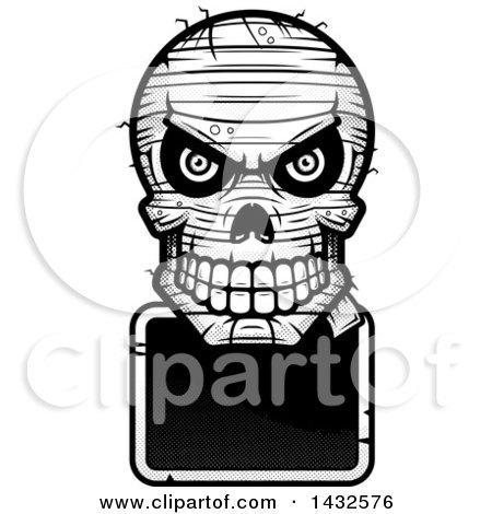 Clipart of a Halftone Black and White Evil Mummy Skull over a Blank Sign - Royalty Free Vector Illustration by Cory Thoman