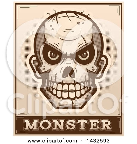 Clipart of a Halftone Evil Zombie Skull over Monster Text - Royalty Free Vector Illustration by Cory Thoman