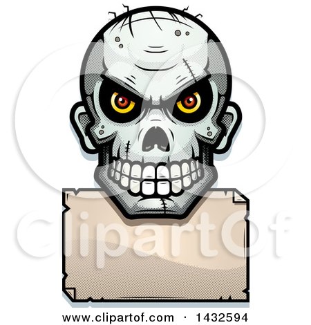 Clipart of a Halftone Evil Zombie Skull over a Blank Paper Sign - Royalty Free Vector Illustration by Cory Thoman
