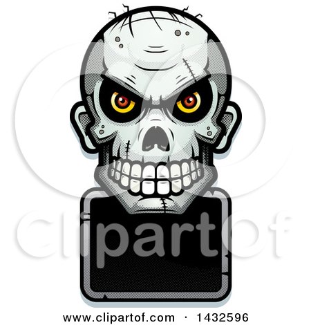 Clipart of a Halftone Evil Zombie Skull over a Blank Sign - Royalty Free Vector Illustration by Cory Thoman