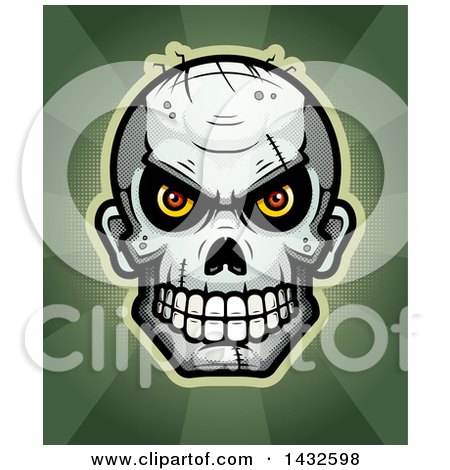 Clipart of a Halftone Evil Zombie Skull over Rays - Royalty Free Vector Illustration by Cory Thoman