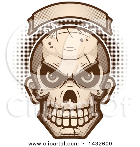 Clipart of a Halftone Evil Zombie Skull Under a Blank Banner - Royalty Free Vector Illustration by Cory Thoman