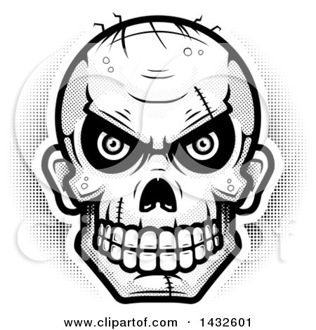 Clipart of a Halftone Black and White Evil Zombie Skull - Royalty Free Vector Illustration by Cory Thoman