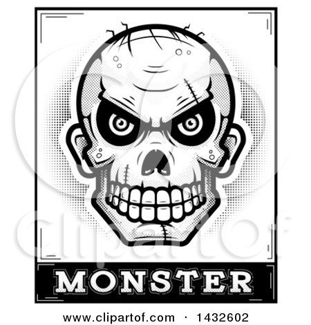 Clipart of a Halftone Black and White Evil Zombie Skull over Monster Text - Royalty Free Vector Illustration by Cory Thoman