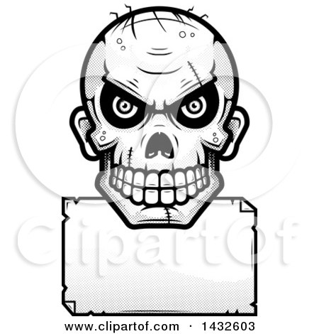 Clipart of a Halftone Black and White Evil Zombie Skull over a Blank Paper Sign - Royalty Free Vector Illustration by Cory Thoman