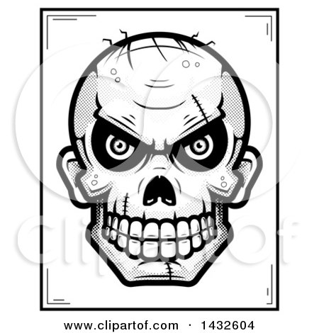 Clipart of a Halftone Black and White Evil Zombie Skull Poster Design - Royalty Free Vector Illustration by Cory Thoman