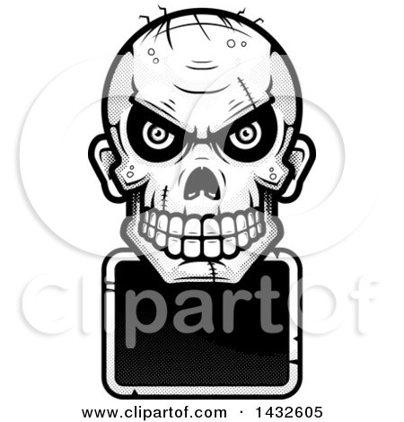 Clipart of a Halftone Black and White Evil Zombie Skull over a Blank Sign - Royalty Free Vector Illustration by Cory Thoman