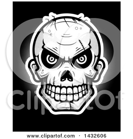 Clipart of a Halftone Evil Zombie Skull on Black - Royalty Free Vector Illustration by Cory Thoman