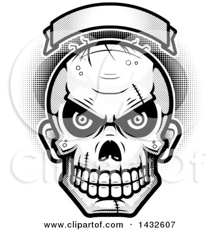 Clipart of a Halftone Black and White Evil Zombie Skull Under a Blank Banner - Royalty Free Vector Illustration by Cory Thoman