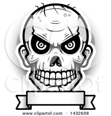 Clipart of a Halftone Black and White Evil Zombie Skull over a Blank Banner - Royalty Free Vector Illustration by Cory Thoman