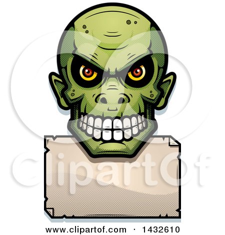 Clipart of a Halftone Goblin Skull over a Blank Paper Sign - Royalty Free Vector Illustration by Cory Thoman