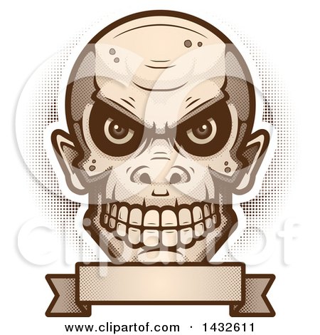 Clipart of a Halftone Goblin Skull over a Blank Banner - Royalty Free Vector Illustration by Cory Thoman