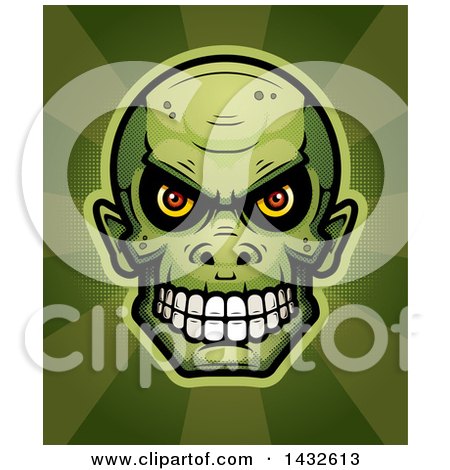 Clipart of a Halftone Goblin Skull over Rays - Royalty Free Vector Illustration by Cory Thoman