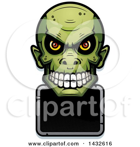 Clipart of a Halftone Goblin Skull over a Blank Sign - Royalty Free Vector Illustration by Cory Thoman