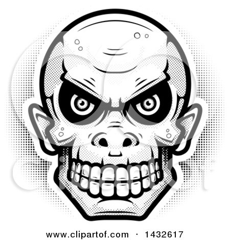 Clipart of a Halftone Black and White Goblin Skull - Royalty Free Vector Illustration by Cory Thoman
