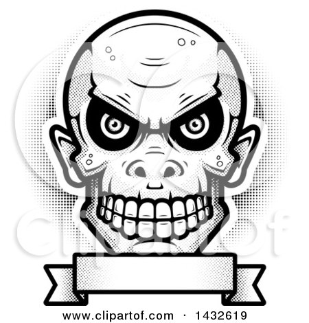 Clipart of a Halftone Black and White Goblin Skull over a Blank Banner - Royalty Free Vector Illustration by Cory Thoman