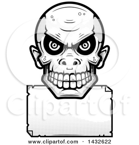 Clipart of a Halftone Black and White Goblin Skull over a Blank Paper Sign - Royalty Free Vector Illustration by Cory Thoman