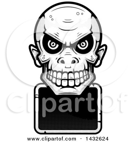 Clipart of a Halftone Black and White Goblin Skull over a Blank Sign - Royalty Free Vector Illustration by Cory Thoman