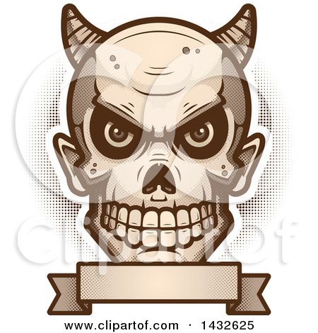 Clipart of a Halfton Devil Skull over a Blank Banner - Royalty Free Vector Illustration by Cory Thoman