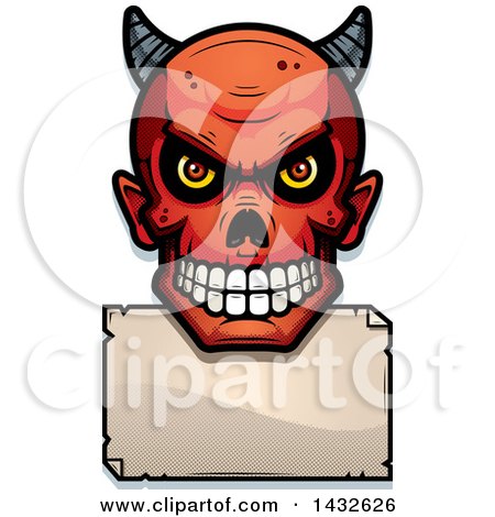 Clipart of a Halftone Devil Skull over a Blank Paper Sign - Royalty Free Vector Illustration by Cory Thoman
