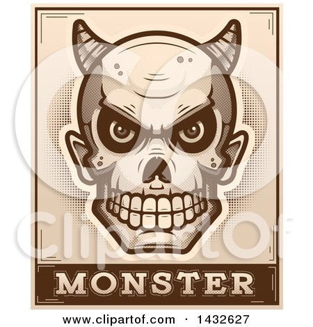 Clipart of a Halftone Devil Skull over Monster Text - Royalty Free Vector Illustration by Cory Thoman