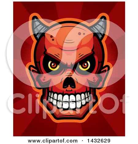 Clipart of a Halftone Devil Skull over Red Rays - Royalty Free Vector Illustration by Cory Thoman