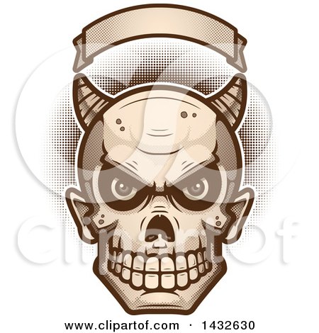 Clipart of a Halfton Devil Skull Under a Blank Banner - Royalty Free Vector Illustration by Cory Thoman