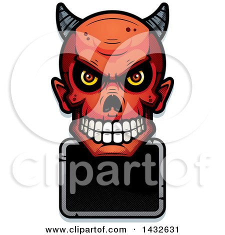Clipart of a Halftone Devil Skull over a Blank Sign - Royalty Free Vector Illustration by Cory Thoman