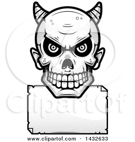 Clipart of a Halftone Black and White Devil Skull over a Blank Paper Sign - Royalty Free Vector Illustration by Cory Thoman
