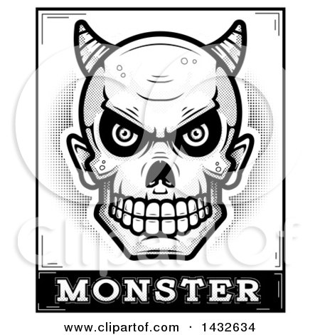 Clipart of a Halftone Black and White Devil Skull over Monster Text - Royalty Free Vector Illustration by Cory Thoman