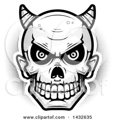 Clipart of a Halftone Black and White Devil Skull - Royalty Free Vector Illustration by Cory Thoman