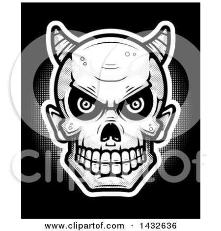 Clipart of a Halfton Black and White Devil Skull over Black - Royalty Free Vector Illustration by Cory Thoman