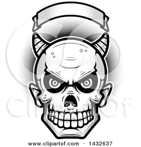 Clipart of a Halfton Black and White Devil Skull Under a Blank Banner - Royalty Free Vector Illustration by Cory Thoman