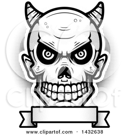 Clipart of a Halfton Black and White Devil Skull over a Blank Banner - Royalty Free Vector Illustration by Cory Thoman