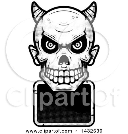 Clipart of a Halftone Black and White Devil Skull over a Blank Sign - Royalty Free Vector Illustration by Cory Thoman