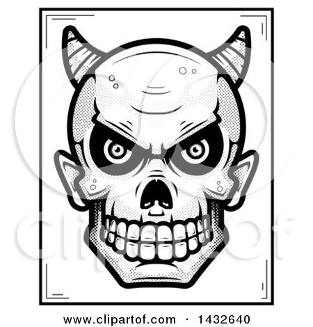 Clipart of a Halftone Black and White Devil Skull Poster Design - Royalty Free Vector Illustration by Cory Thoman