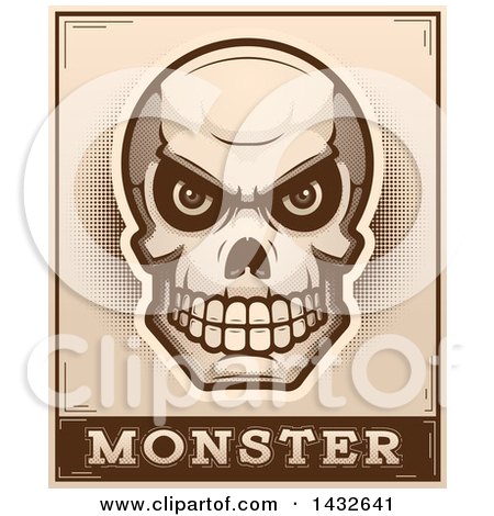 Clipart of a Halftone Evil Human Skull over Monster Text - Royalty Free Vector Illustration by Cory Thoman