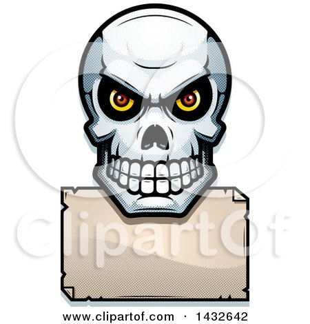 Clipart of a Halftone Evil Human Skull over a Blank Paper Sign - Royalty Free Vector Illustration by Cory Thoman