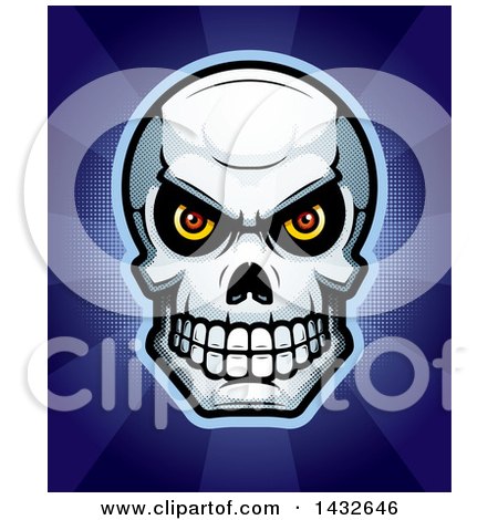 Clipart of a Halftone Evil Human Skull over Rays - Royalty Free Vector Illustration by Cory Thoman