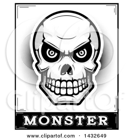 Clipart of a Halftone Black and White Evil Human Skull over Monster Text - Royalty Free Vector Illustration by Cory Thoman