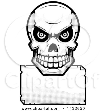 Clipart of a Halftone Black and White Evil Human Skull over a Blank Paper Sign - Royalty Free Vector Illustration by Cory Thoman