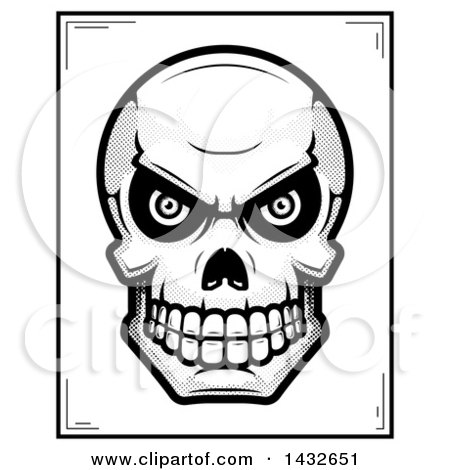 Clipart of a Halftone Black and White Evil Human Skull Poster Design - Royalty Free Vector Illustration by Cory Thoman