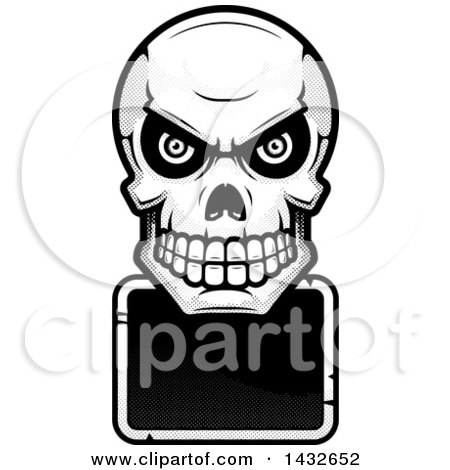 Clipart of a Halftone Black and White Evil Human Skull over a Blank Sign - Royalty Free Vector Illustration by Cory Thoman