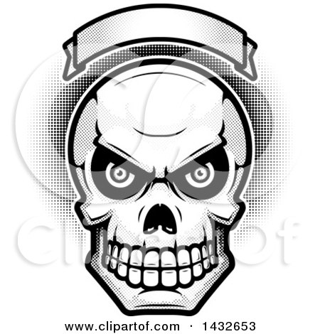 Clipart of a Halftone Black and White Evil Human Skull Under a Blank Banner - Royalty Free Vector Illustration by Cory Thoman