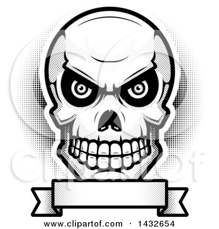 Clipart of a Halftone Black and White Evil Human Skull over a Blank Banner - Royalty Free Vector Illustration by Cory Thoman