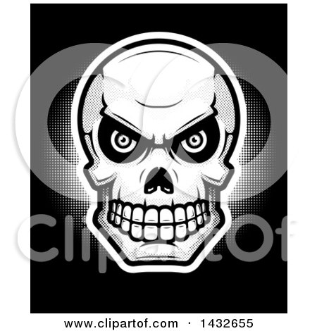 Clipart of a Halftone Evil Human Skull on Black - Royalty Free Vector Illustration by Cory Thoman