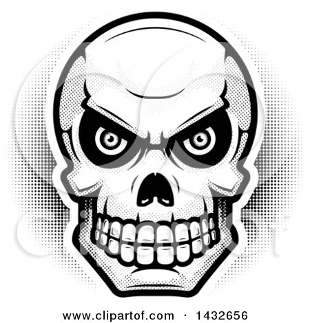 Clipart of a Halftone Black and White Evil Human Skull - Royalty Free Vector Illustration by Cory Thoman