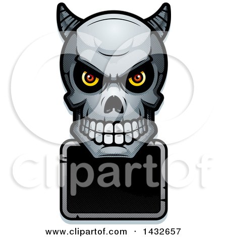 Clipart of a Halftone Demon Skull over a Blank Sign - Royalty Free Vector Illustration by Cory Thoman