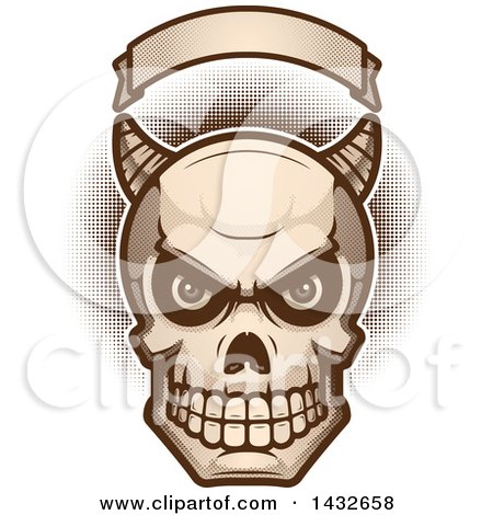 Clipart of a Halftone Demon Skull Under a Blank Banner - Royalty Free Vector Illustration by Cory Thoman